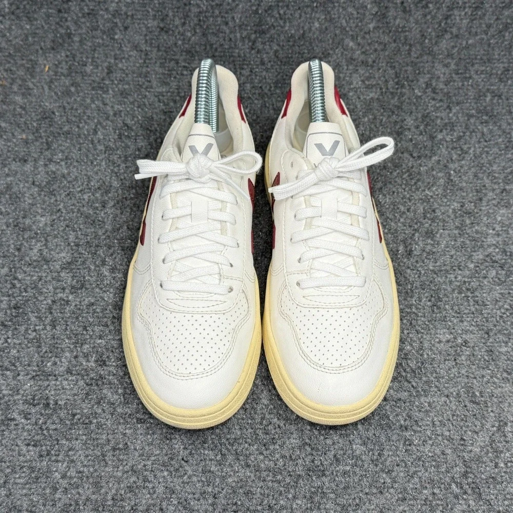 Veja V-10 Sneakers Womens 5 White Maroon Leather Low Lace Retro Athletic Sneaker
